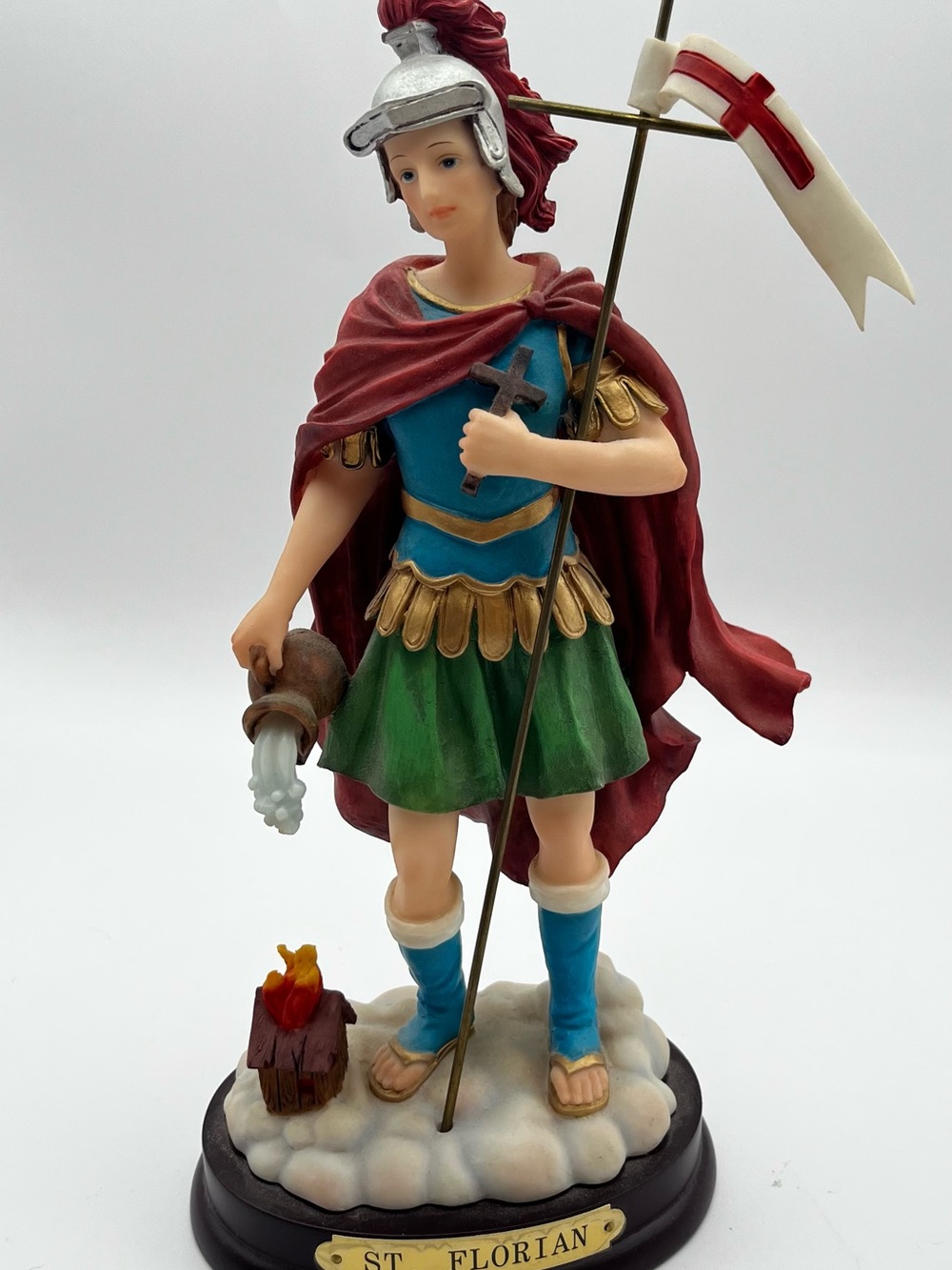 St. Florian Decorative Statue - Red Cloak, Green Tunic